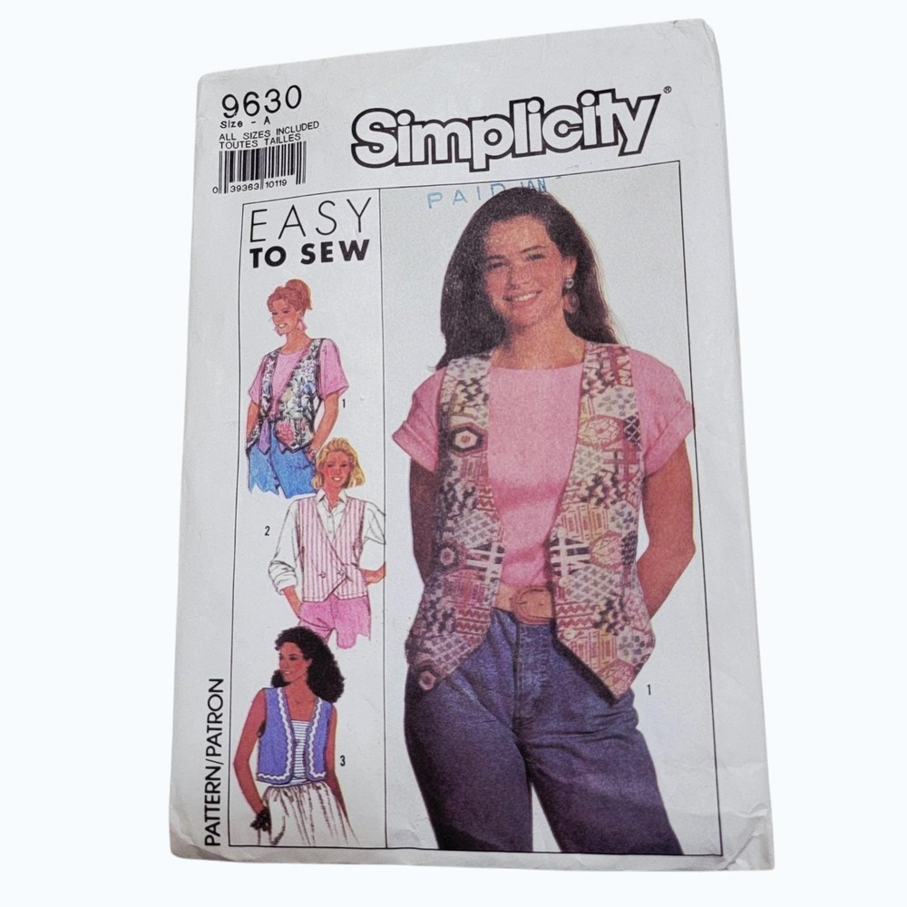 Simplicity 9630 Misses Vest Sewing Pattern Size A All Sizes‎ Cut Complete 1990s